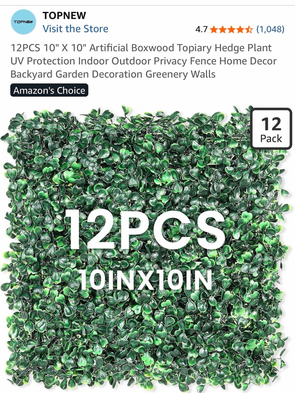 TOPNEW Artificial Boxwood Hedge Panels - Green (12 Pack)